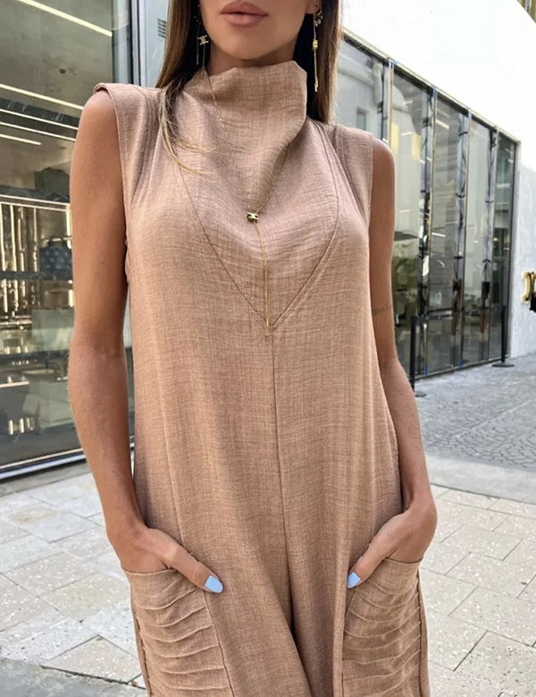 Loose Sleeveless Pleated Pockets Solid Color High Neck Jumpsuits