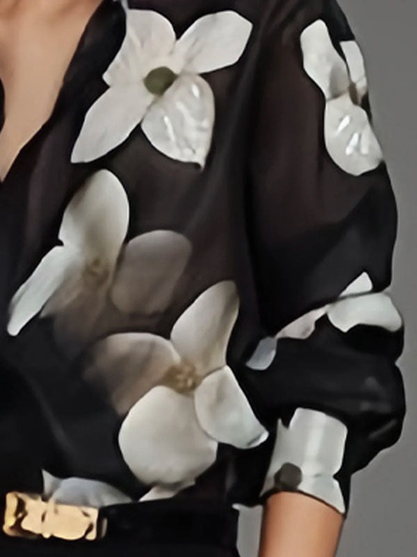 Long Sleeves Loose Floral Printed Lapel Blouses