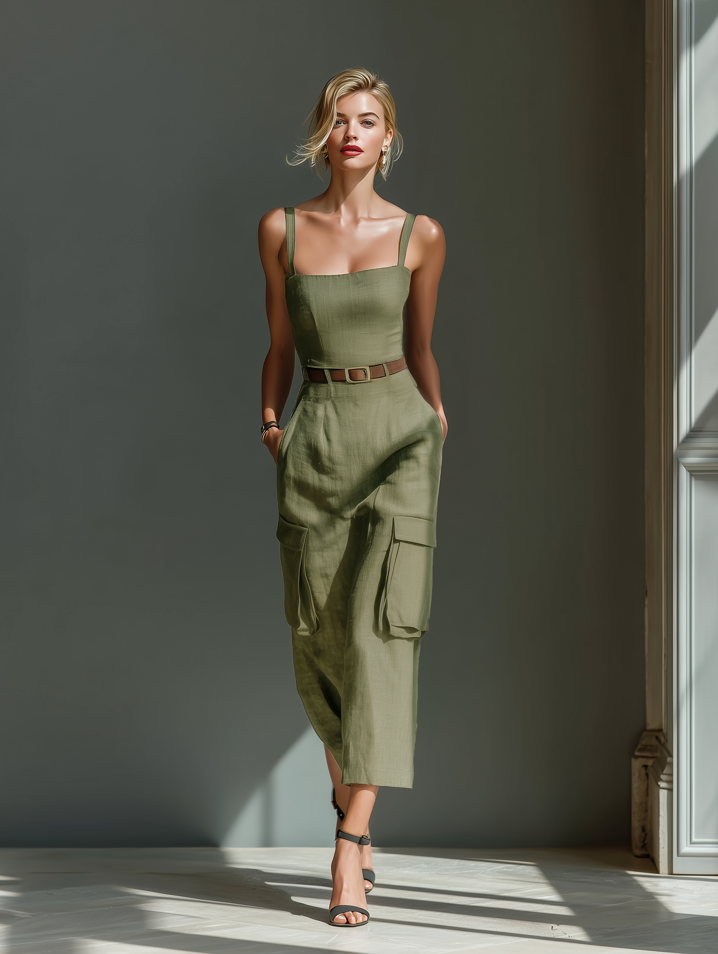 Women's Olive Green Linen Fabric Sleeveless Midi Dress With Cargo Pockets & Belted Waist