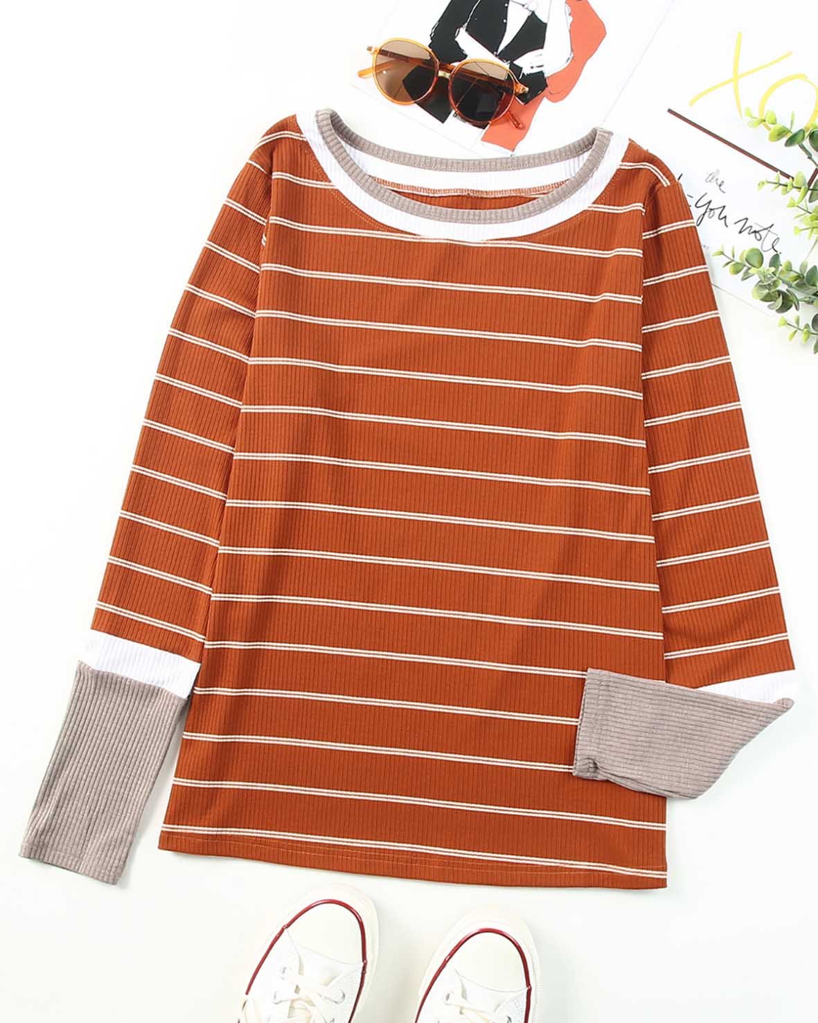 CONTRAST LONG SLEEVE TOP(4 COLORS)