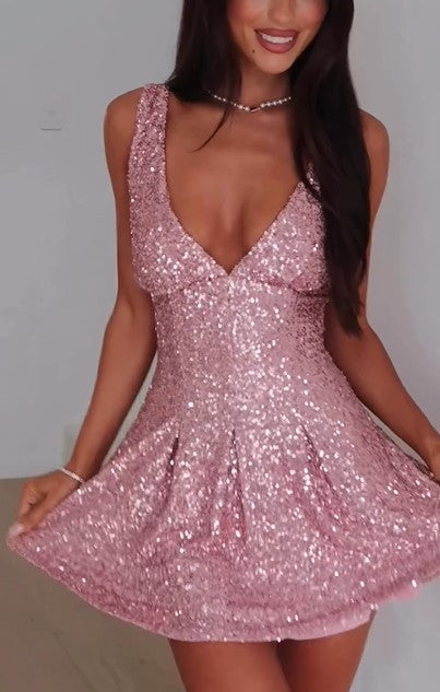 Sexy Sleeveless Deep V-neck Slim-Fit Shiny Hot Girl Mini Skirt