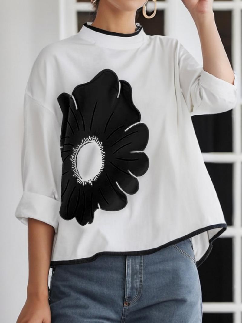 A-line High-low Flower Print Mock Neck T-Shirts Tops