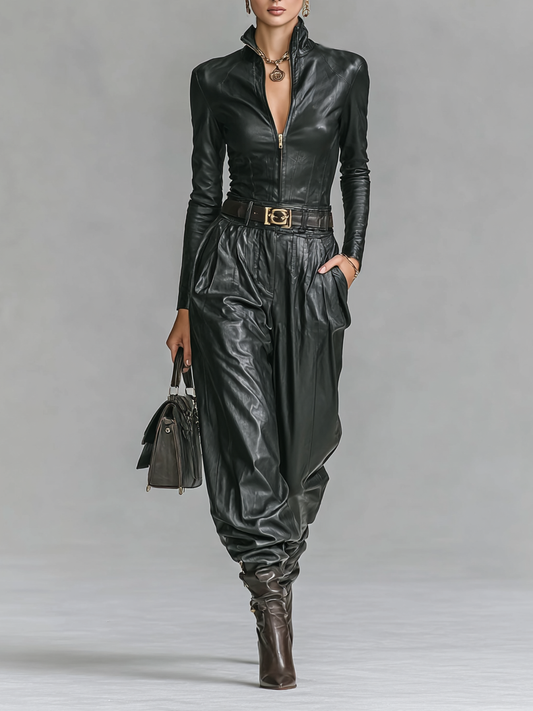 Women's Fashion PU Leather Slim Fit Zipper Stand Collar Shirt Pants Set (Without
