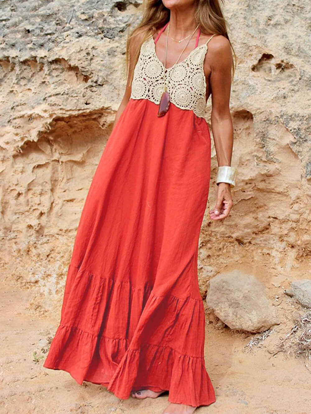 Seaside Vacation V-Neck Halterneck Maxi Dress