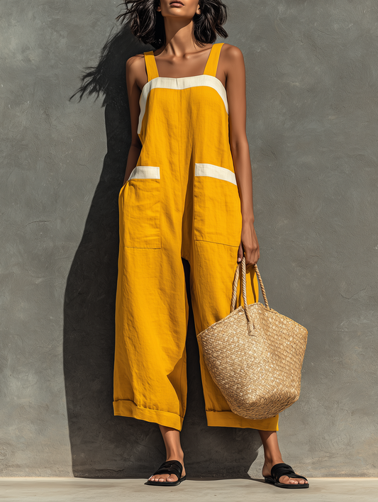 Women's Minimalist Linen Blend Square Neck Strapless Loose-fitting Jumpsuit