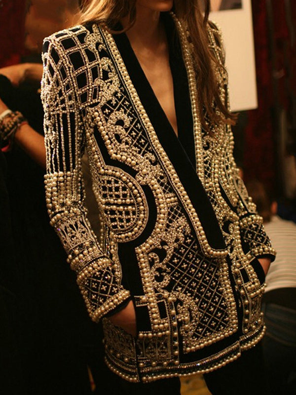 Long Sleeves Loose Beads Printed V-Neck Blazer Outerwear