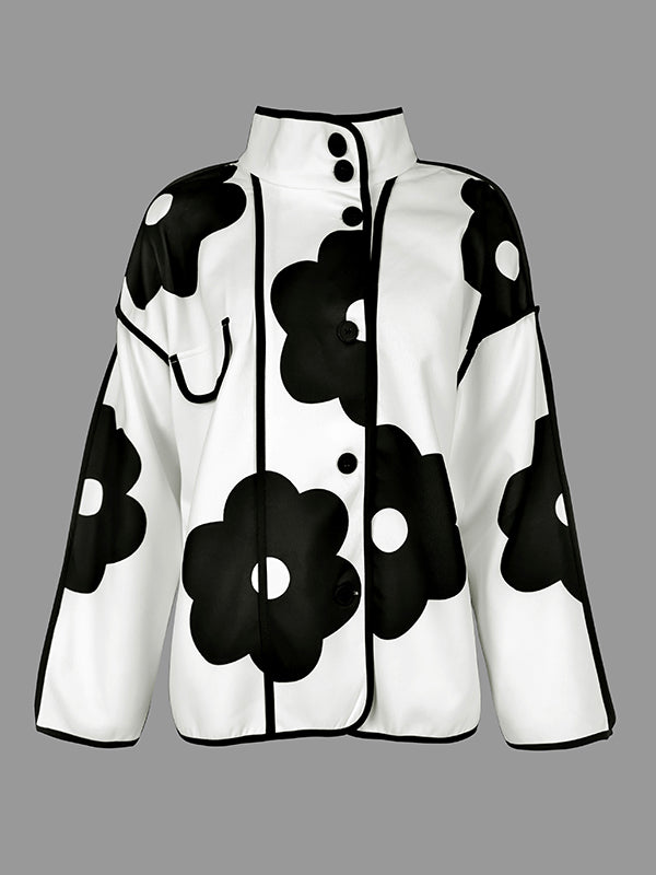 Long Sleeves Loose Contrast Color Flower Print Split-Joint Stand Collar Jackets Outerwear