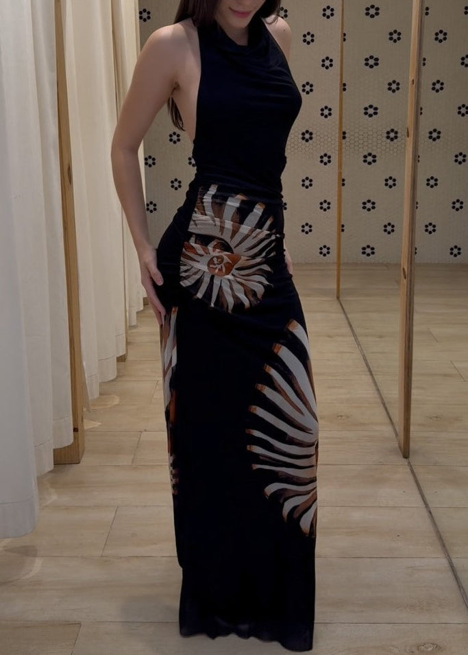 Sexy Sleeveless Halter Printed Maxi Dress