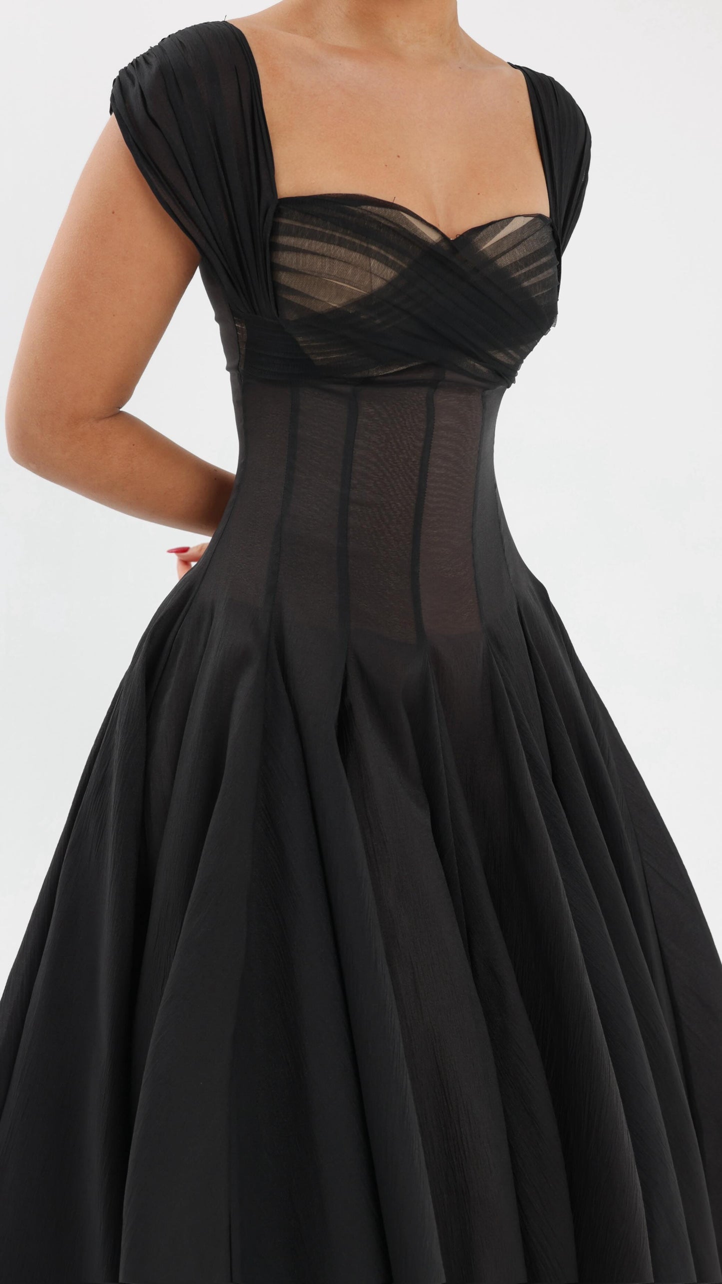 Sexy U Collar Waist Solid Color Pleated Maxi Dress