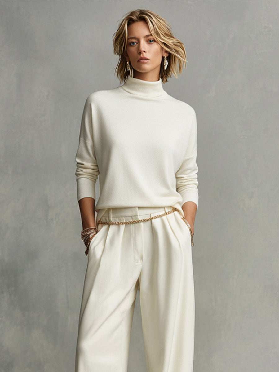 Women's Cream Soft Knit Chic Turtleneck Top & Flowy Wide-Leg Pant Set