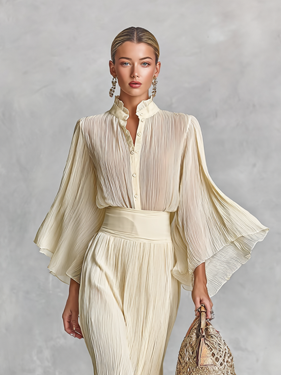 Women's Pleated Chiffon Stand Collar Trumpet Sleeve Shirt Slit Floor Length Skirt Two-piece Set