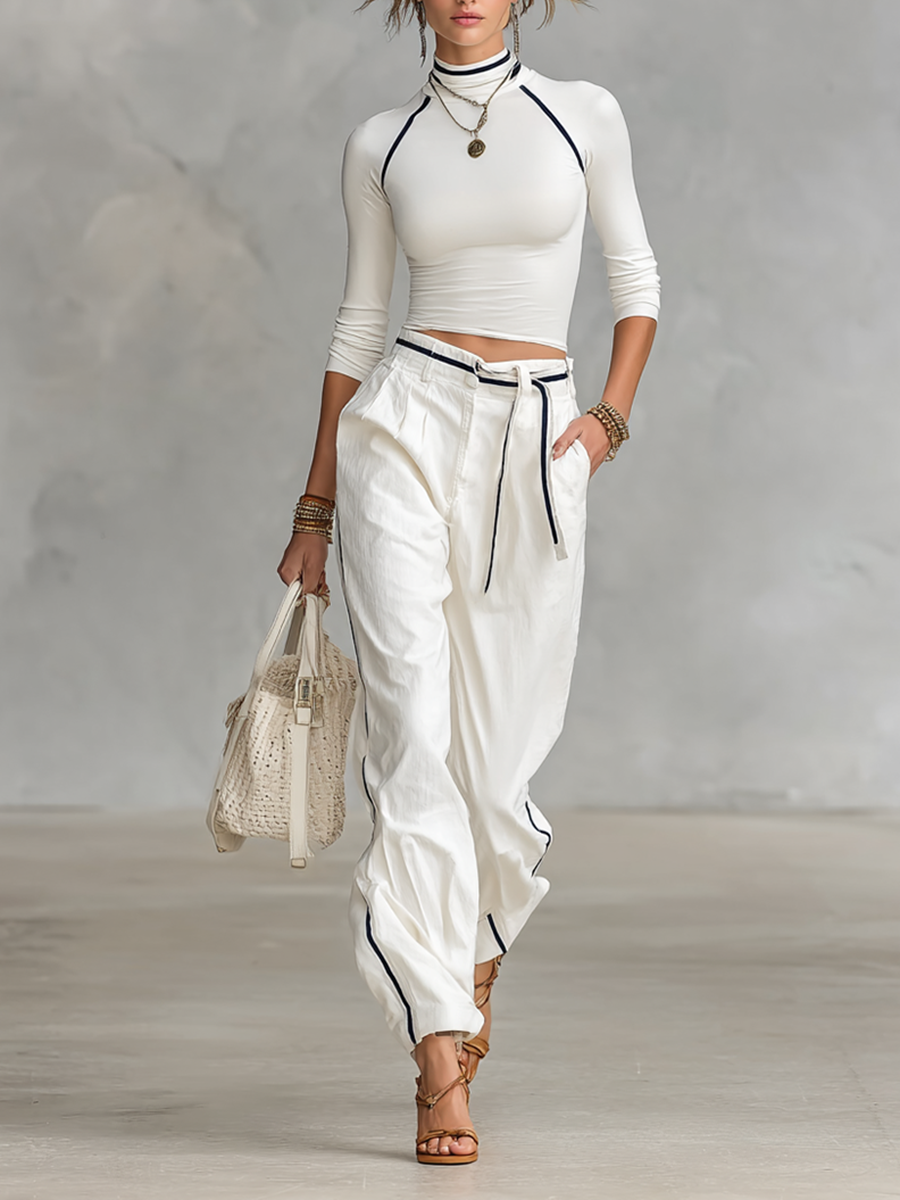 Women's Casual Half-high Collar Long-sleeved T-shirt Straight Pants Two-piece Set