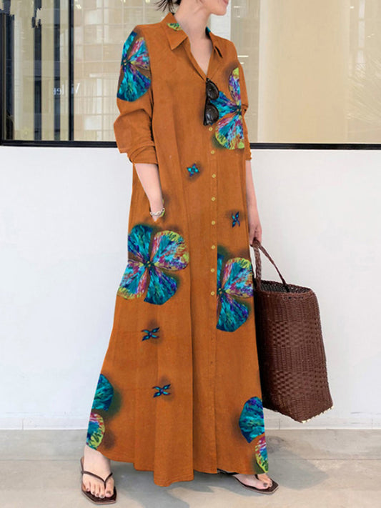 Vintage Floral Printed Lapel Oversize Maxi Dress