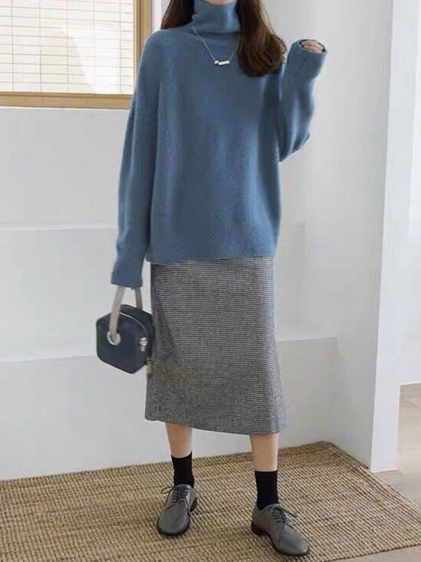 Casual Loose Long Sleeves Solid Color High-Neck Sweater Tops