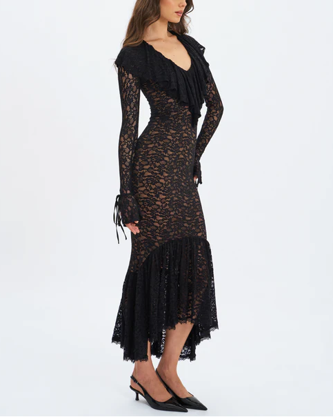 Sexy Long Sleeve Low-Cut Lace Stitching Midi Dress