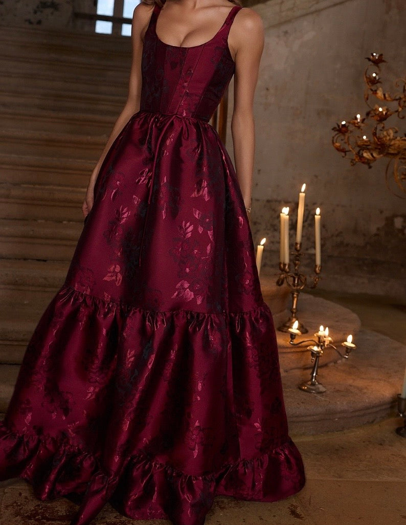 Tube Top Printed Satin Flower Fairy Light Luxury Design Burgundy Evening Maxi Dress