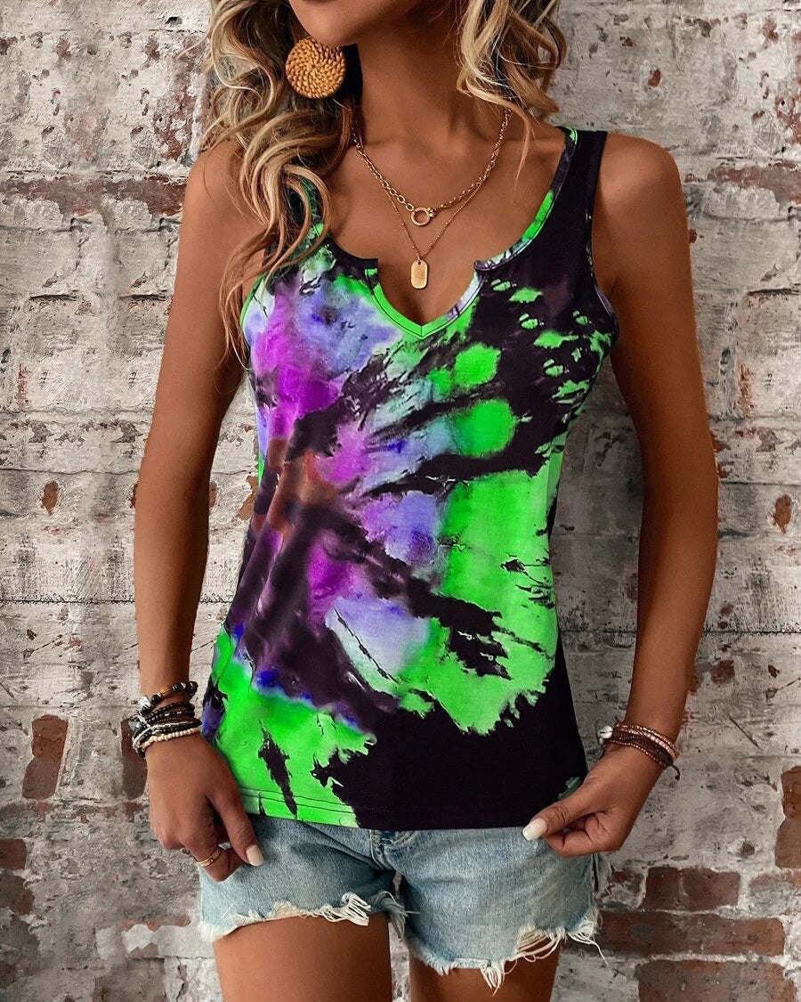 COLOR PRINT V NECK TOP