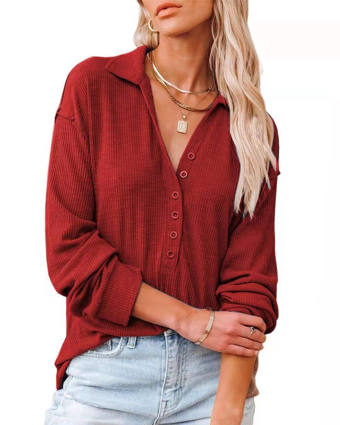 BUTTON DOWN LONG SLEEVE TOP(9 COLORS)