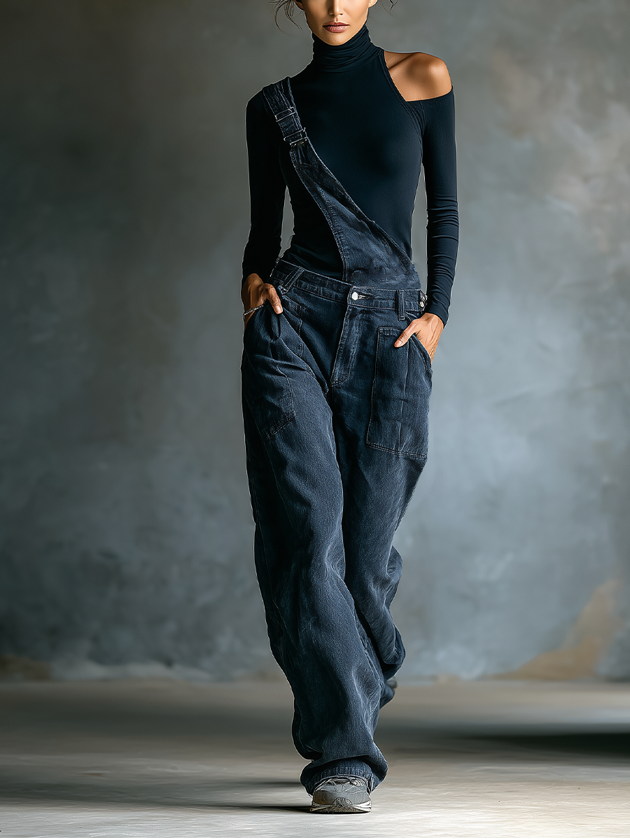 Women's Black Cotton One-shoulder Turtleneck Top And Blue-grey Denim Loose-fitting Overalls Set