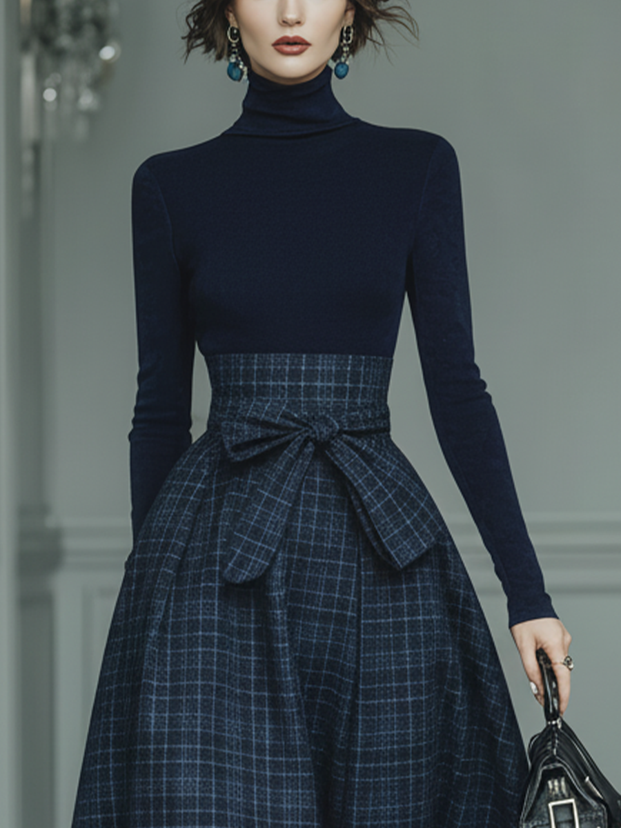 Women's Dark Blue High Elastic Knit And Plaid Wool Skirt Set