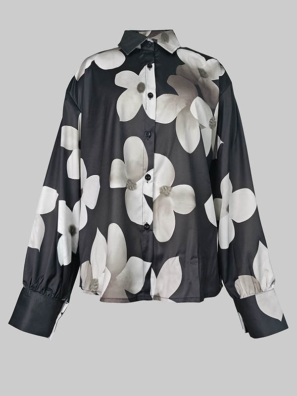 Long Sleeves Loose Floral Printed Lapel Blouses