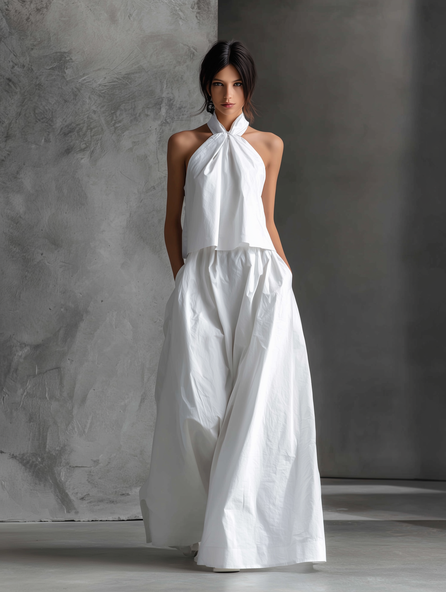 Women's Casual White Cotton And Linen Halter-neck Sleeveless Top And Skirt Set