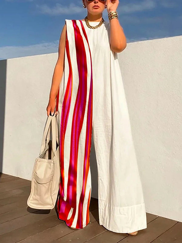 Sleeveless Wide Leg Contrast Color Printed Shoulder Pad Striped Jumpsuits