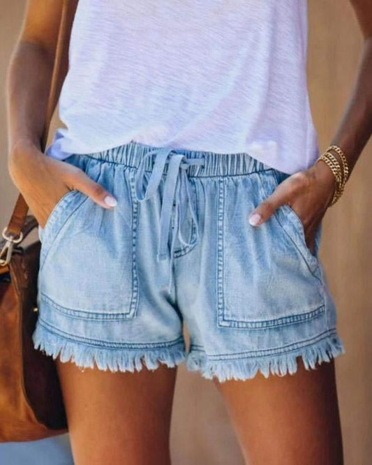 Solid Drawstring Denim Shorts(4 Colors)