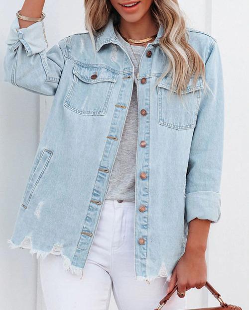 POCKETED DISTRESSED DENIM SHACKET