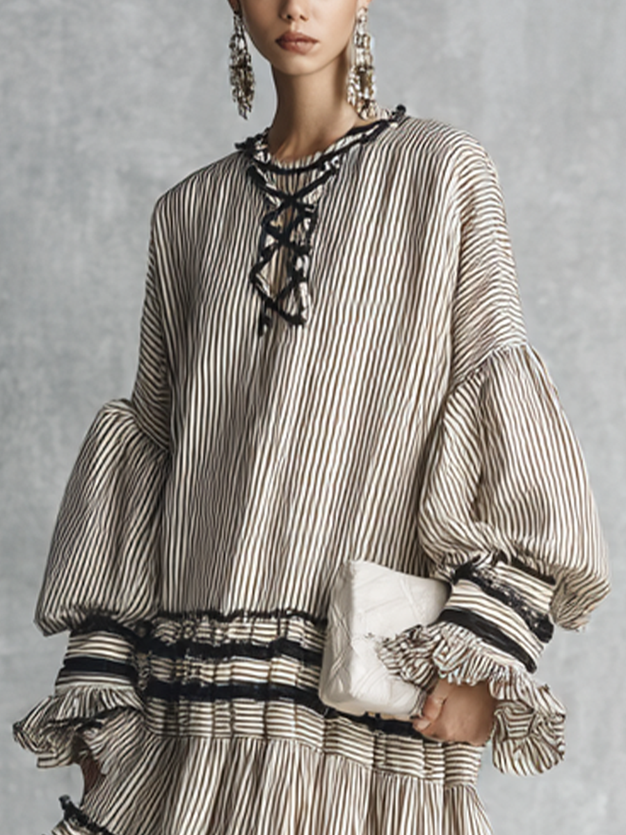 Women's Boho Striped Ruffle Tiered Cotton Blend Long Sleeve Maxi Dress