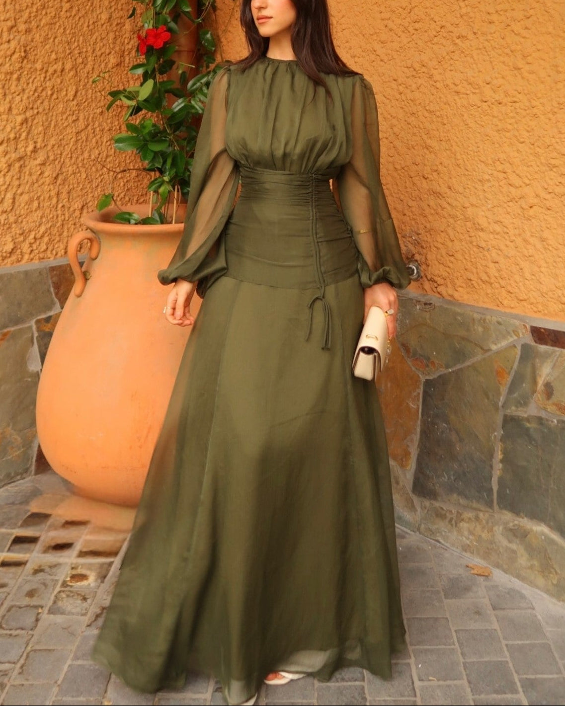 Sexy round Neck Loose Solid Color Waist Tight Maxi Dress