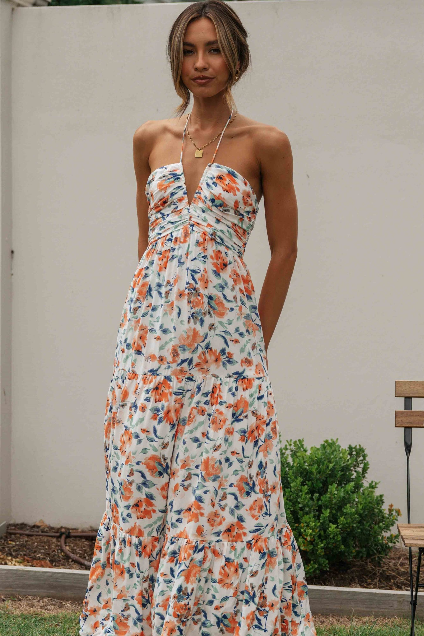 Floral V-Neck Backless Maxi Dress