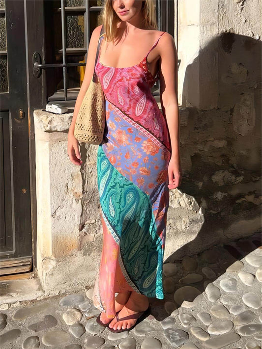 Sexy U-Neck Backless Bosnian Print Suspender Maxi Dress