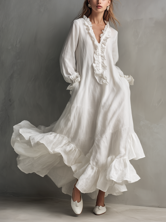 Women's Casual White Cotton Linen V-neck Long-sleeved Loose-fitting Maxi Dress With Lining