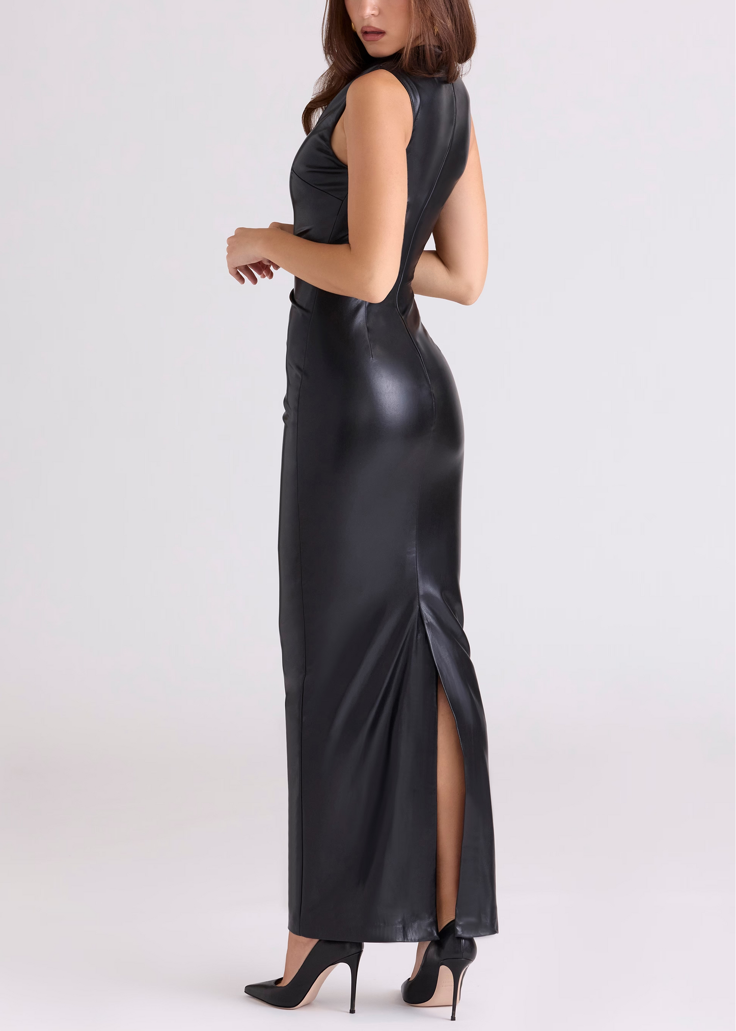 Sexy Sleeveless Slim PU Leather Solid Color Maxi Dress