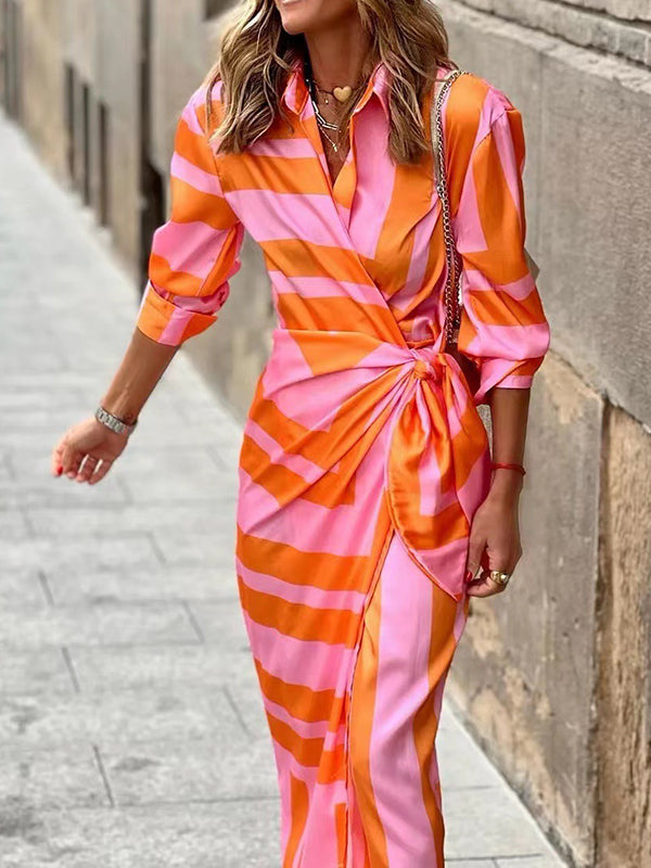 High Waisted Long Sleeves Asymmetric Knot Printed Striped Lapel Maxi Dresses