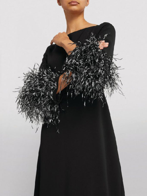 Elegant Simple Black And White Feather Long Sleeve Party Dress