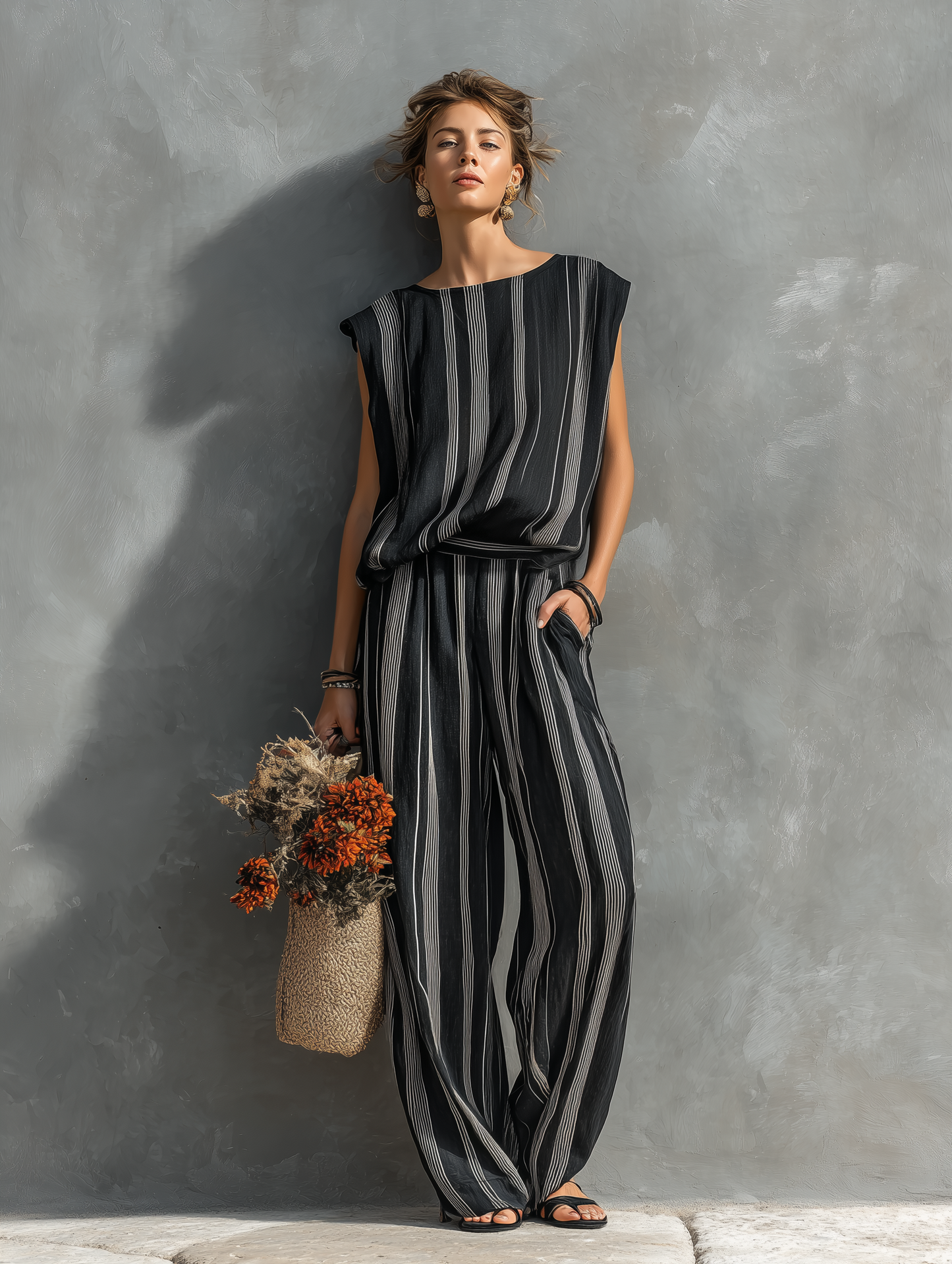Women's Casual Black And White Striped Woven Crew-Neck Sleeveless Top And Trousers Set