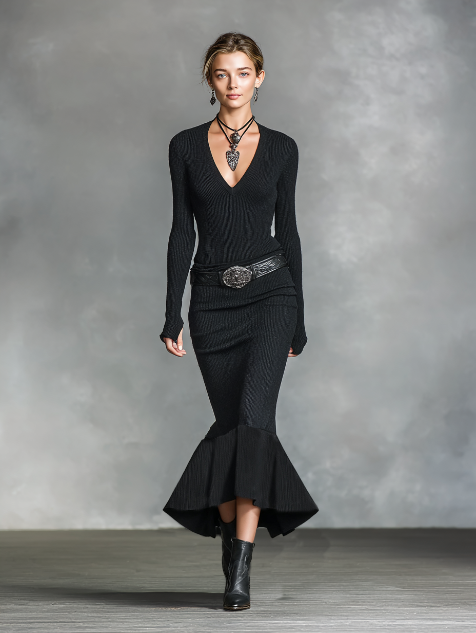 Women's Knitted V-neck Slim Long Sleeves Maxi Dress (Without