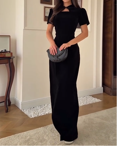 Sexy Short Sleeve Hollow-out Solid Color Waist Tight Maxi Dress