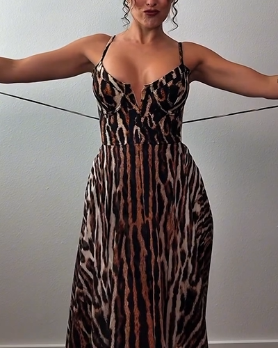 Sexy Cute Suspenders Low Cut Back Bandage Leopard Print Maxi Dress