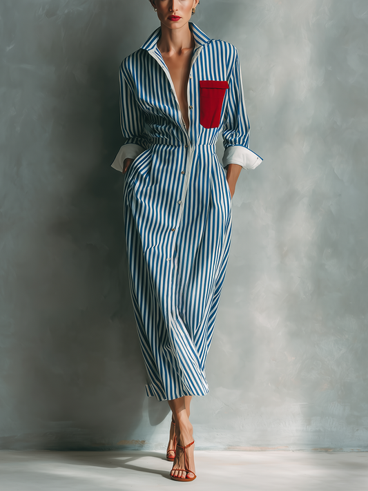 Women's Blue And White Cotton Blend Striped Shirt Dress With Red Chest Pocket