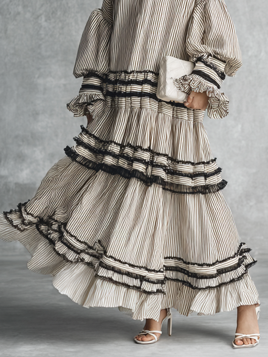 Women's Boho Striped Ruffle Tiered Cotton Blend Long Sleeve Maxi Dress