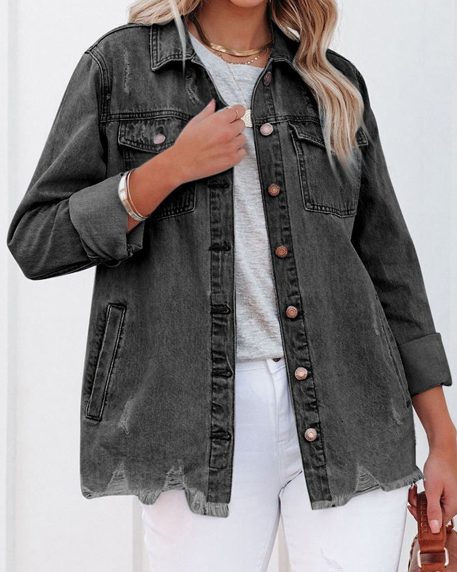 POCKETED DISTRESSED DENIM SHACKET