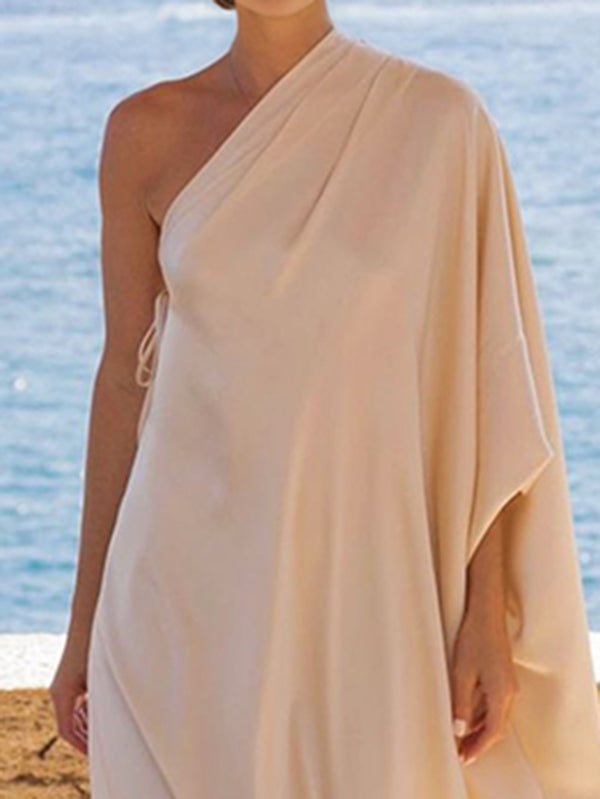 Batwing Sleeves Loose Solid Color Split-Joint One-Shoulder Maxi Dresses