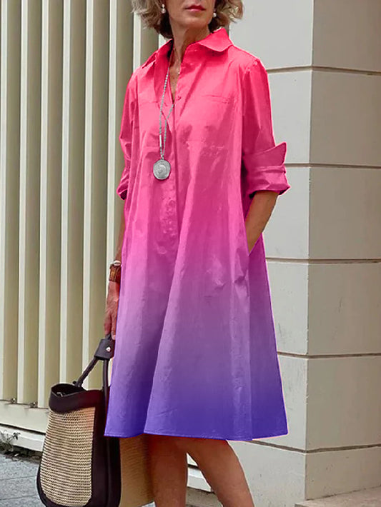 Long Sleeves Gradient Lapel Midi Dresses