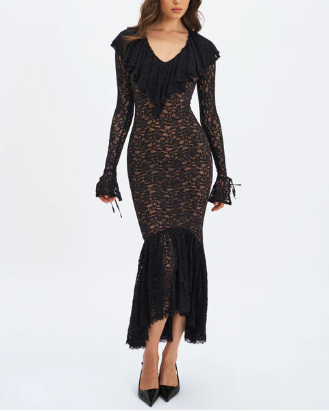 Sexy Long Sleeve Low-Cut Lace Stitching Midi Dress