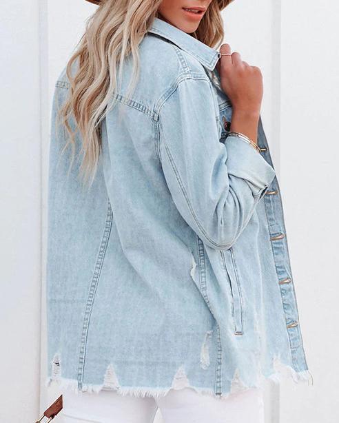 POCKETED DISTRESSED DENIM SHACKET