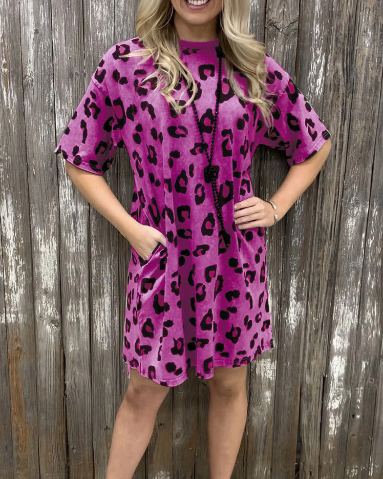 LEOPARD PRINT ROUND NECK DRESS