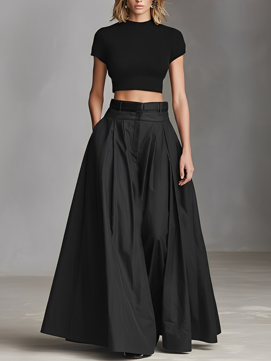 Women's Black Stretch-Knit & Woven Set With Cropped Top & Maxi Dress, Timeless Sleek-Chic Style Set (without Belt)